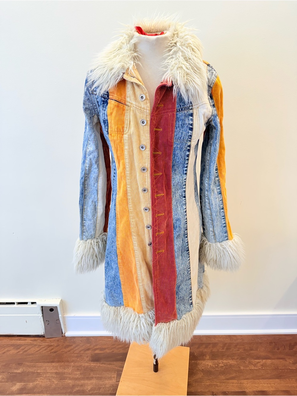 Vintage ALDO Penny Lane Multi-Color Faux Fur Trim Patchwork Coat - boho coat